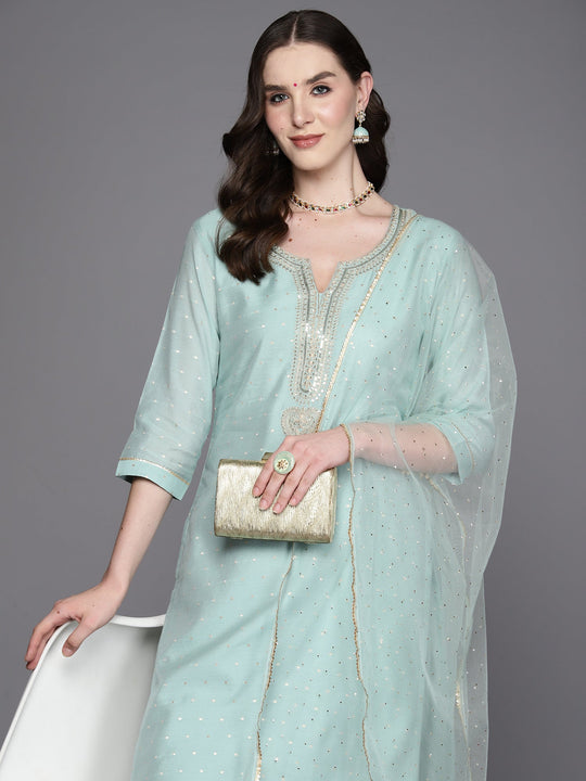 Sea Green Embroidered Straight Kurta Trousers With Dupatta