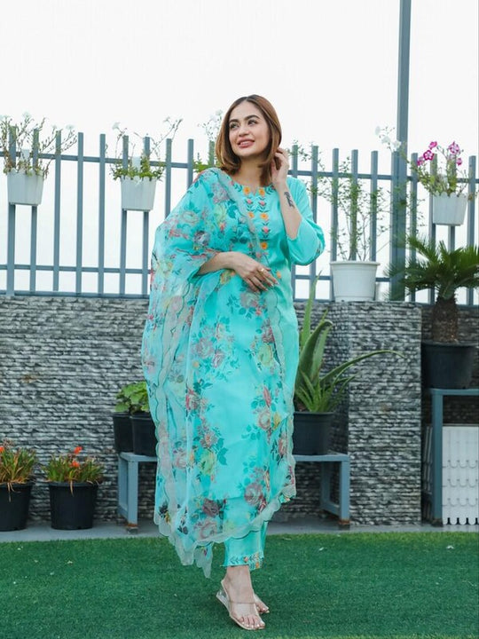 Indo Era Sea Green Embroidered Straight Kurta Trouser With Dupatta Set