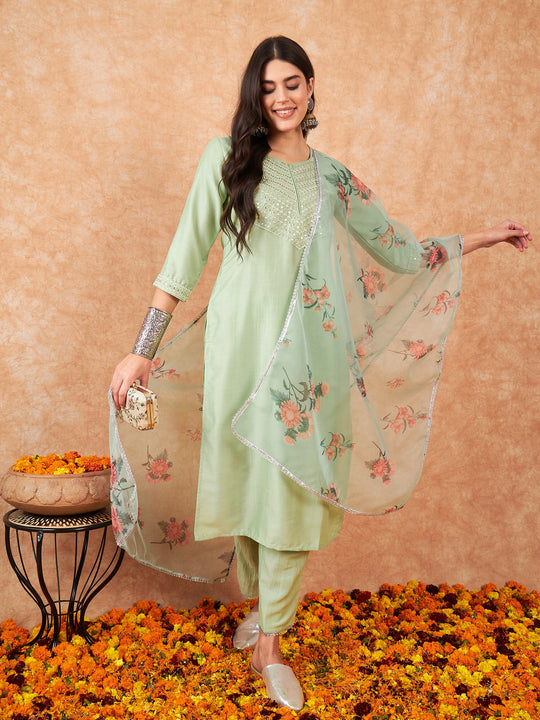 Indo Era Sea Green Straight Kurta Trouser With Dupatta Set