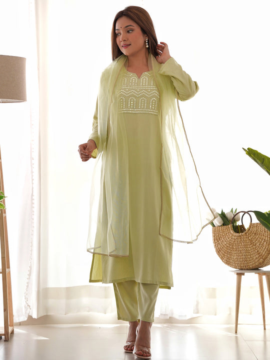 Indo Era Sea Green Embroidered Regular Mirror Work Kurta with Trousers & With Dupatta