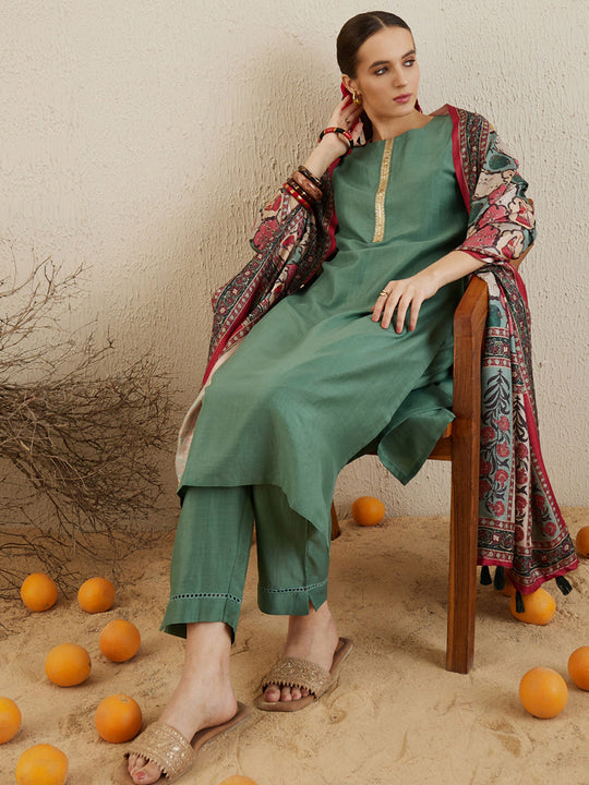 Indo Era Sea Green Self Design Straight Kurta Trousers With Dupatta set