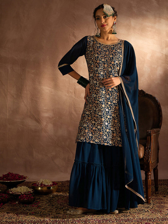 Indo Era Teal Embroidered Straight Kurta Sharara set
