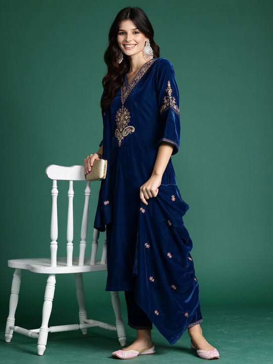 Indo Era Teal Embroidered Straight Kurta Trousers With Dupatta set