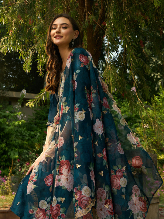 Indo Era Teal Embroidered Straight Kurta Trousers With Dupatta set