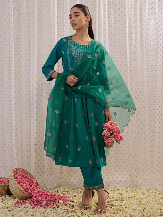 Indo Era Teal Embroidered A-Line Kurta Trousers With Dupatta set
