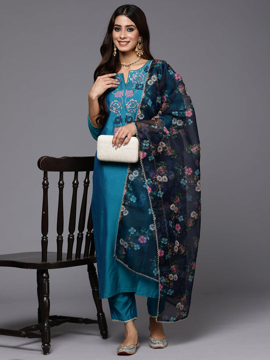 Teal Embroidered Straight Kurta Trouser With Dupatta