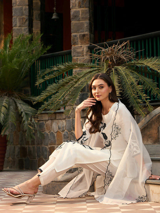 Indo Era White Embroidered Straight Kurta Trousers With Dupatta set