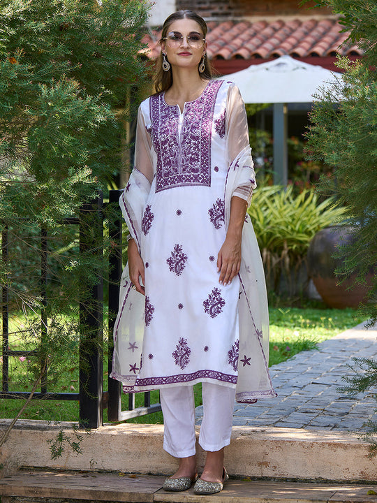 Indo Era White Embroidered Straight Kurta Trousers With Dupatta set