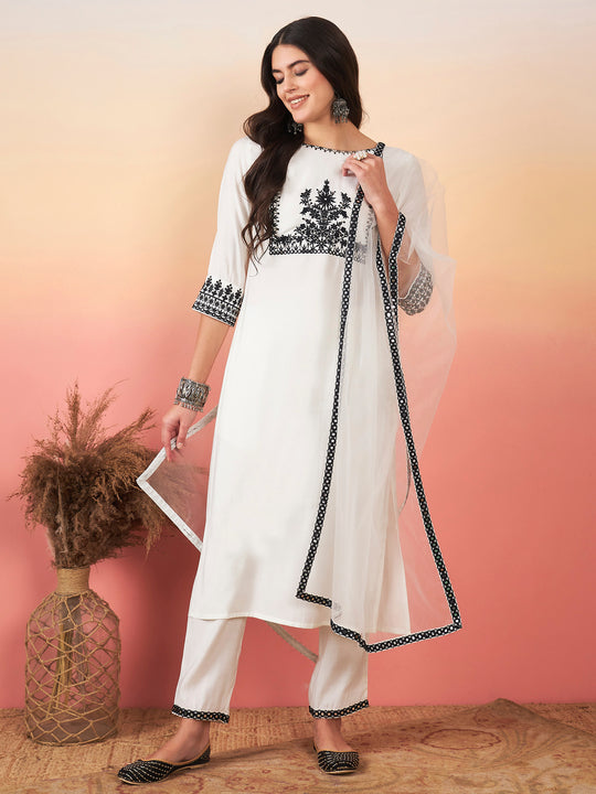 Indo Era White Embroidered Straight Kurta Trousers With Dupatta Set