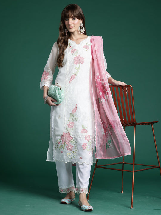White Embroidered Straight Kurta Trouser With Dupatta
