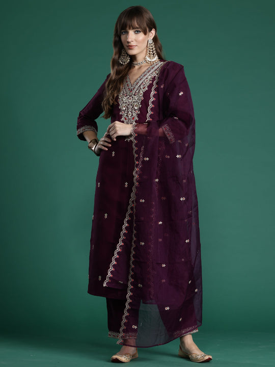 Indo Era Burgundy Embroidered Straight Kurta Trousers With Dupatta Set