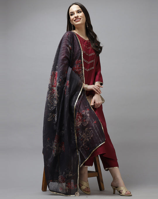 Indo Era Wine Solid Straight Kurta Trouser With Dupatta Set