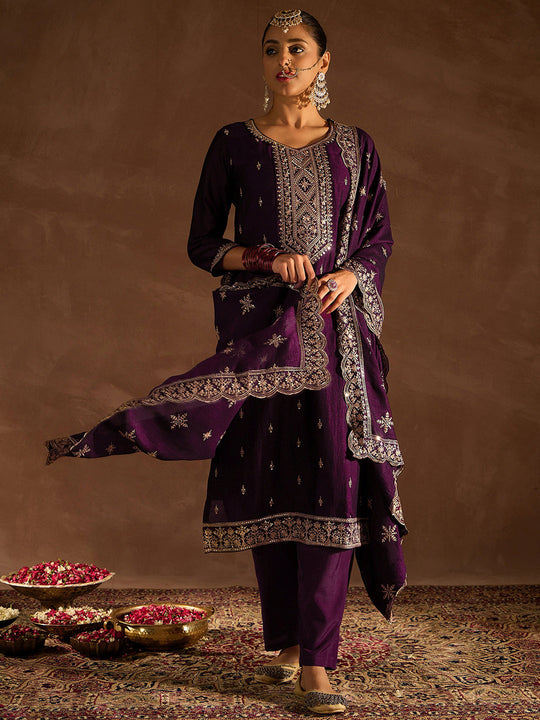 Indo Era Burgundy Embroidered Straight Kurta Trousers With Dupatta set