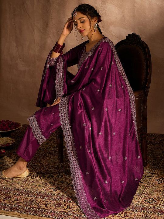 Burgundy Embroidered Straight Kurta Trousers With Dupatta