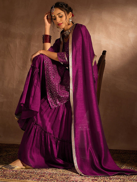 Indo Era Burgundy Embroidered Straight Kurta Sharara With Dupatta set
