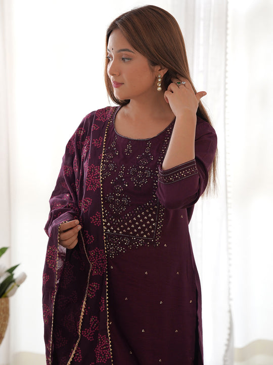 Indo Era Wine Embroidered Straight Kurta Trousers With Dupatta Set