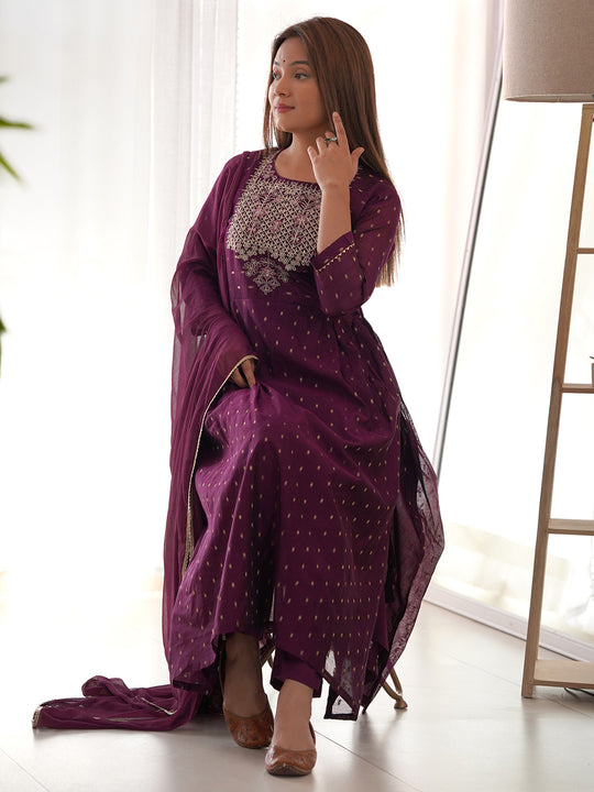 Indo Era Burgundy Embroidered A Line Kurta Trousers With Dupatta Set