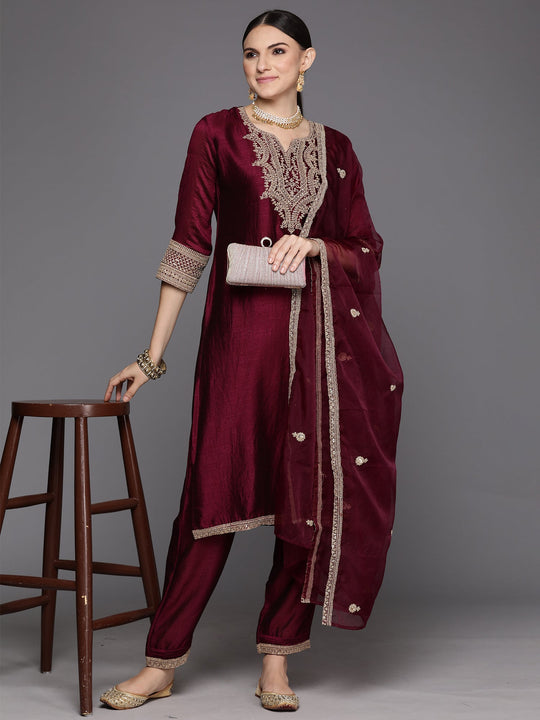 Indo Era Burgundy Embroidered Straight Kurta Trousers With Dupatta Set