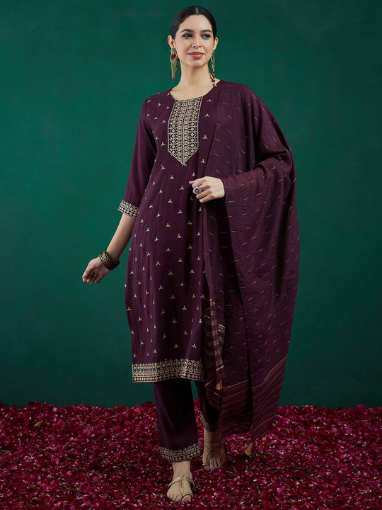 Indo Era Burgundy Embroidered Straight Kurta Trousers With Dupatta set
