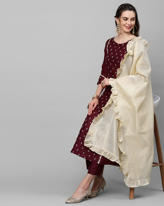Indo Era Maroon Embroidered A - Line Kurta Trouser With Dupatta