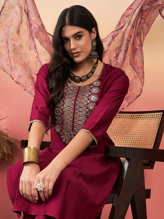 Indo Era Burgundy Embroidered Straight Kurta Trousers With Dupatta Set