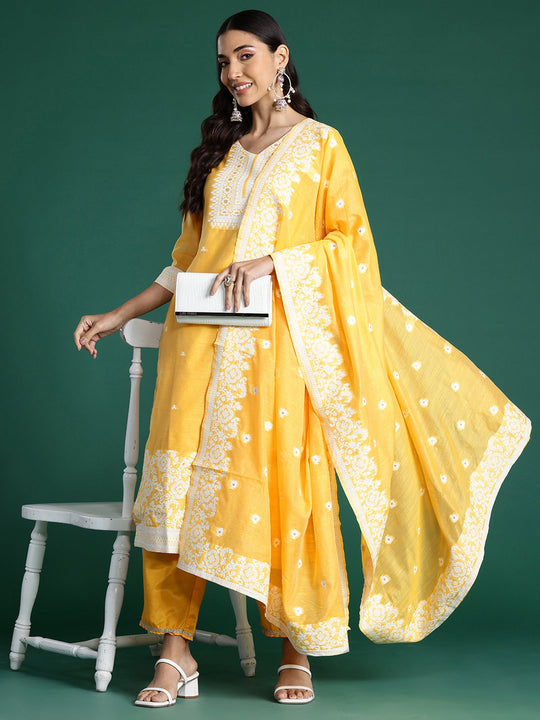 Indo Era Yellow Woven Design Straight Kurta Trousers With Dupatta set