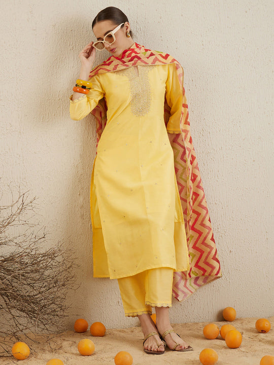 Indo Era Yellow Embroidered Straight Kurta Trousers With Dupatta set