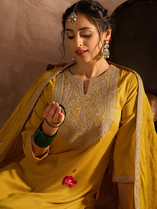 Indo Era Yellow Embroidered Straight Kurta Trousers With Dupatta set