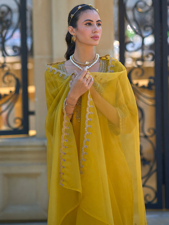 Indo Era Yellow Embroidered Straight Kurta Trousers With Dupatta set