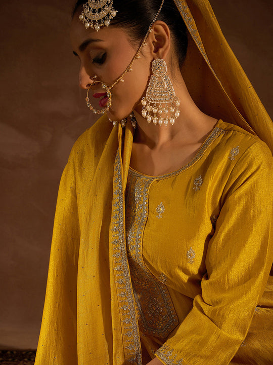 Indo Era Yellow Embroidered Straight Kurta Trousers With Dupatta set