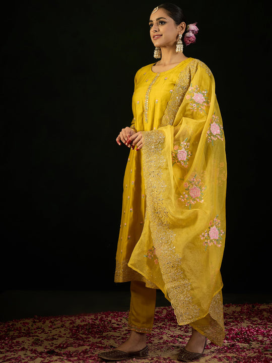 Indo Era Yellow Embroidered Straight Kurta Trousers With Dupatta