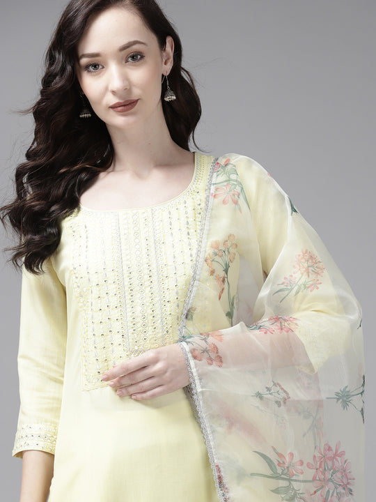 Indo Era Embroidered Yellow Straight Kurta Trouser With Dupatta Set