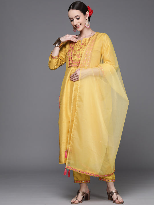 Indo Era Yellow Embroidered Straight Kurta Trousers With Dupatta Set