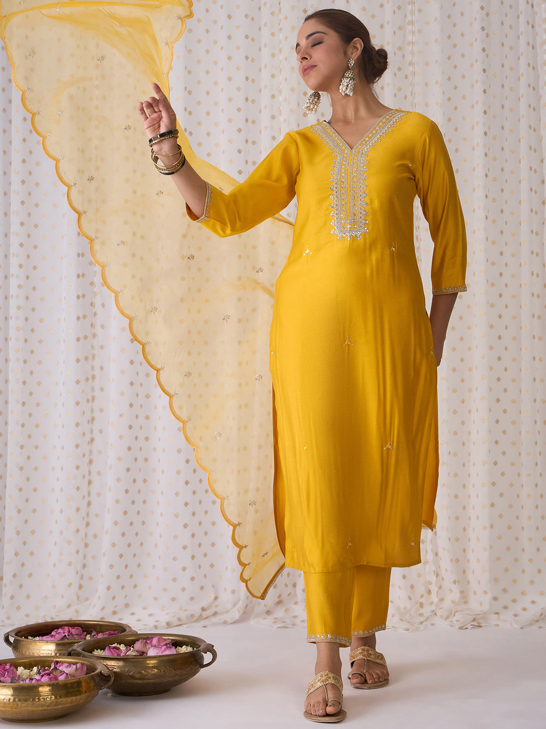 Yellow Kurta Sets  For women,indo era, indoera, kurta set for women, women kurta set, women suit, summer wear for women, festive suit for women, mother's day outfit, dress for mother, mother's day special, kurta set for women, kurta for women, kurta trouser and dupatta