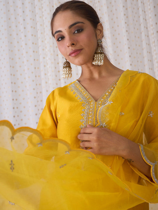 Indo Era Yellow Embroidered Straight Kurta Trousers With Dupatta set