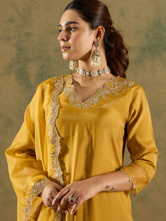 Indo Era Yellow Embroidered Straight Kurta Trousers With Dupatta Set