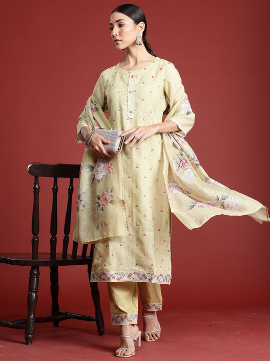 Indo Era Yellow Embroidered Straight Kurta Trousers With Dupatta Set
