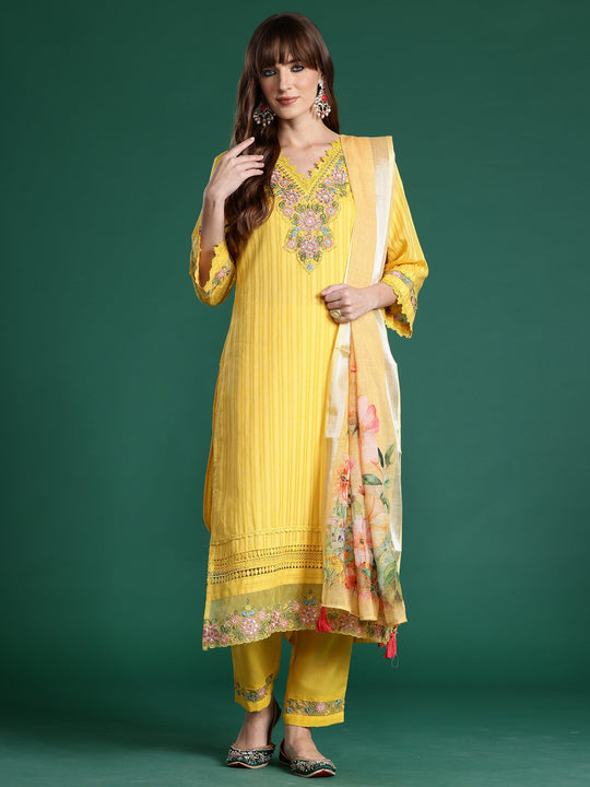 Yellow Embroidered Straight Kurta Trousers With Dupatta