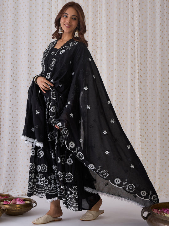 Indo Era Black Embroidered Anarkali Kurta Trousers With Dupatta set