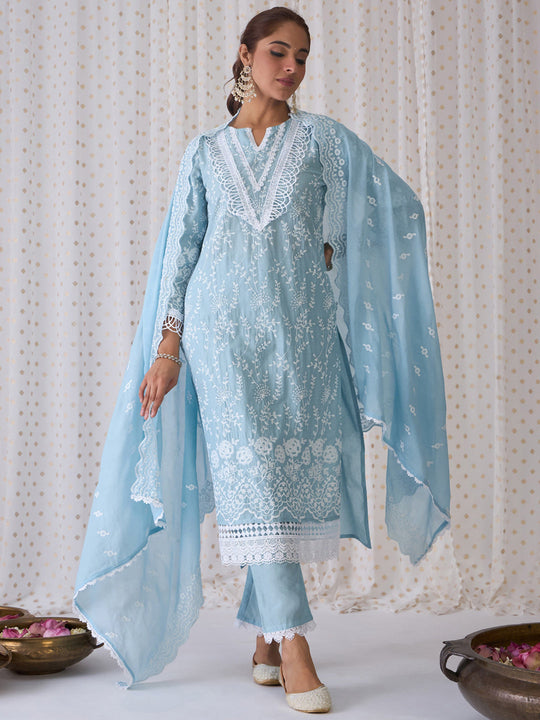 Indo Era Blue Embroidered Straight Kurta Trousers With Dupatta set