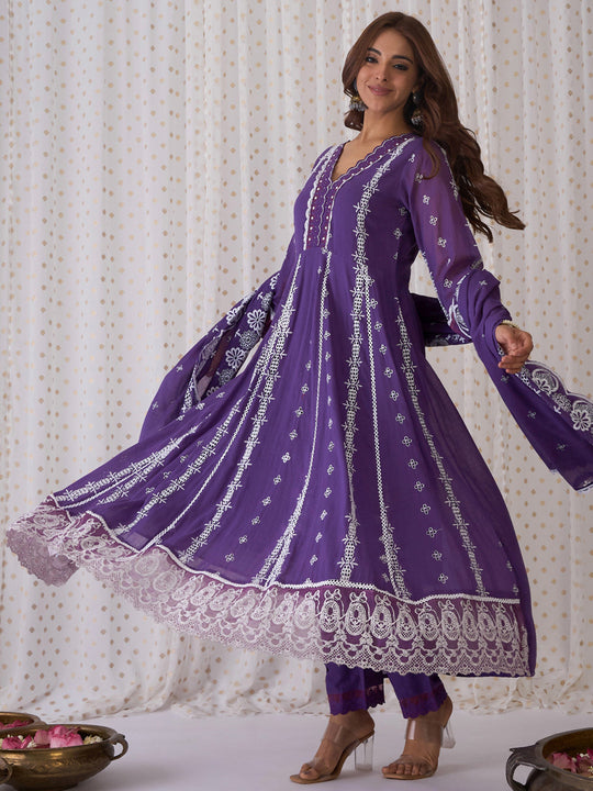 Indo Era Purple Embroidered Anarkali Kurta Trousers With Dupatta set