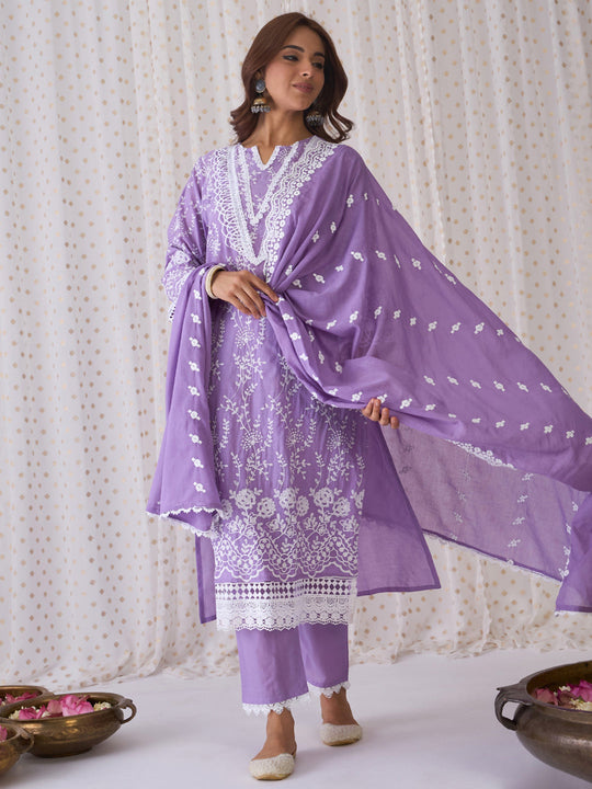 Indo Era Purple Embroidered Straight Kurta Trousers With Dupatta