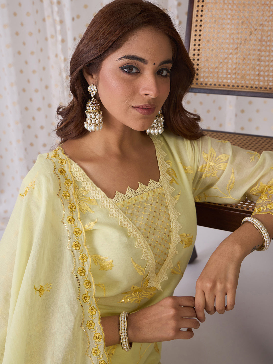 Yellow Kurta Sets  For women,indo era, indoera, kurta set for women, women kurta set, women suit, summer wear for women, festive suit for women, mother's day outfit, dress for mother, mother's day special, kurta set for women, kurta for women, kurta trouser and dupatta