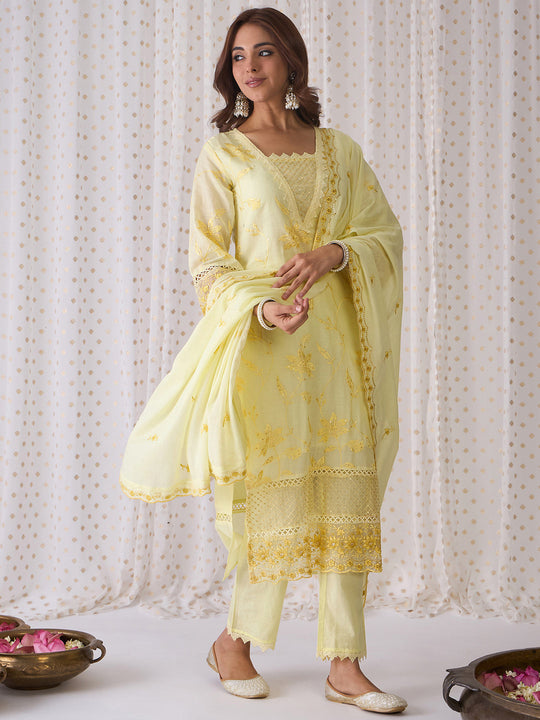 Indo Era Yellow Embroidered Straight Kurta Trousers With Dupatta set