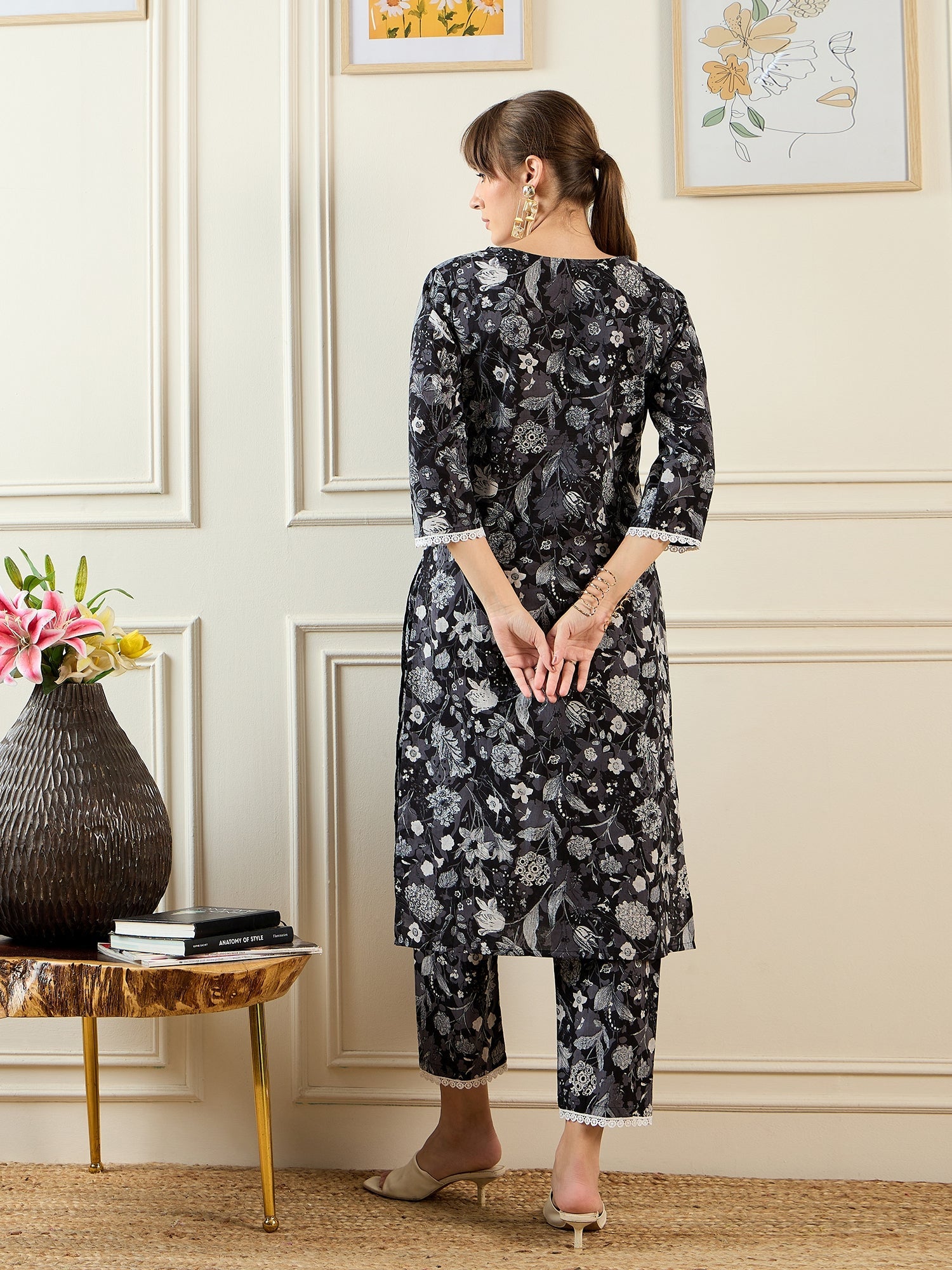 indo era, suit, kurta set for women, indo era kurta, kurta sets for ladies, summer dresses for women, 3 piece suit, cotton kurta set for women, new arrivals, women kurti plazo set, women in suit, kurta suit, floral kurta, short suit, spring summer, Black suit