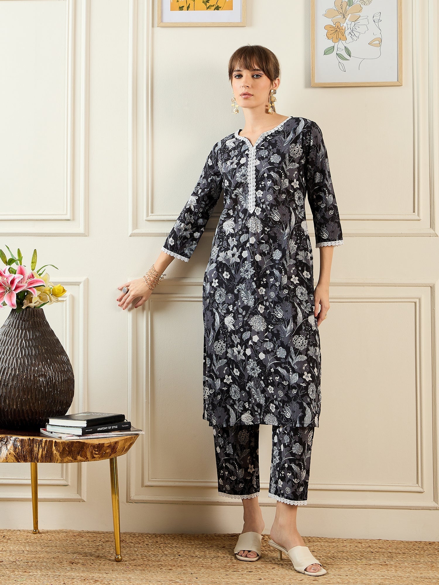 indo era, suit, kurta set for women, indo era kurta, kurta sets for ladies, summer dresses for women, 3 piece suit, cotton kurta set for women, new arrivals, women kurti plazo set, women in suit, kurta suit, floral kurta, short suit, spring summer, Black suit