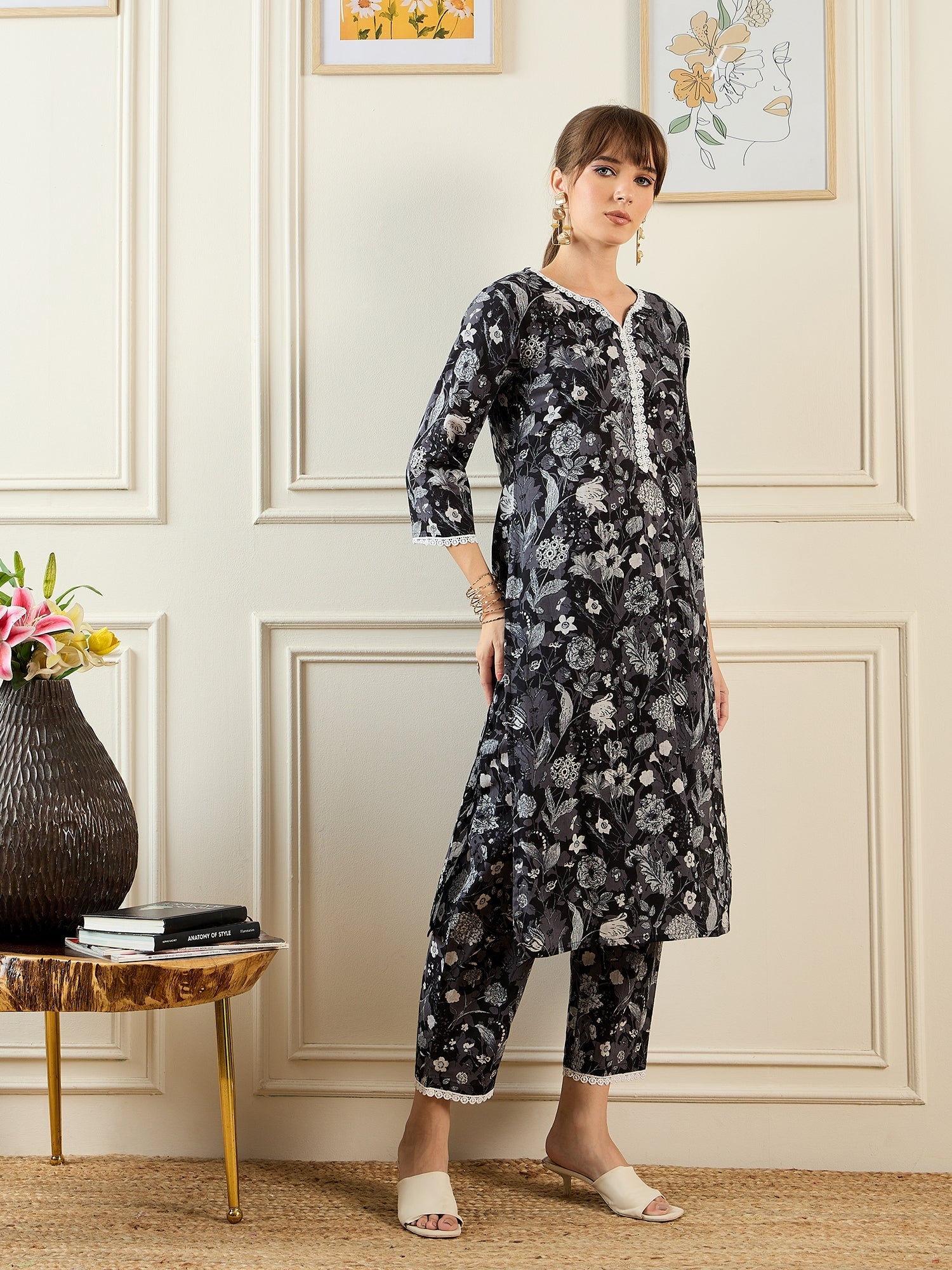 indo era, suit, kurta set for women, indo era kurta, kurta sets for ladies, summer dresses for women, 3 piece suit, cotton kurta set for women, new arrivals, women kurti plazo set, women in suit, kurta suit, floral kurta, short suit, spring summer, Black suit