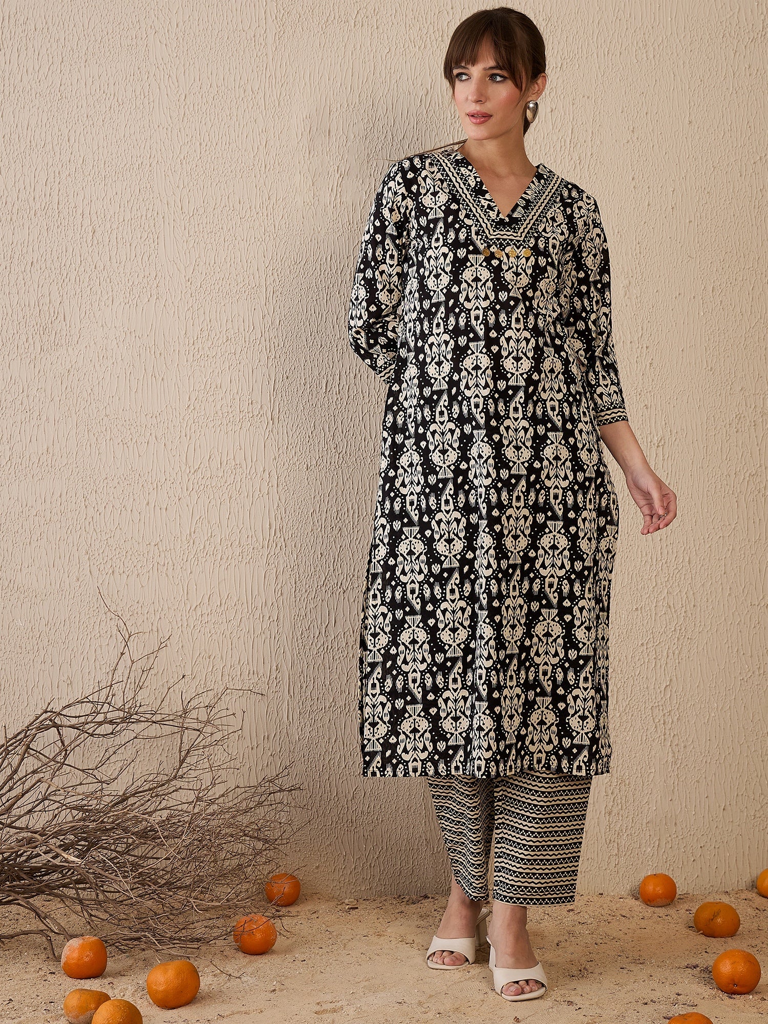indo era, suit, kurta set for women, indo era kurta, kurta sets for ladies, summer dresses for women, 3 piece suit, cotton kurta set for women, new arrivals, women kurti plazo set, women in suit, kurta suit, floral kurta, short suit, spring summer, Black suit