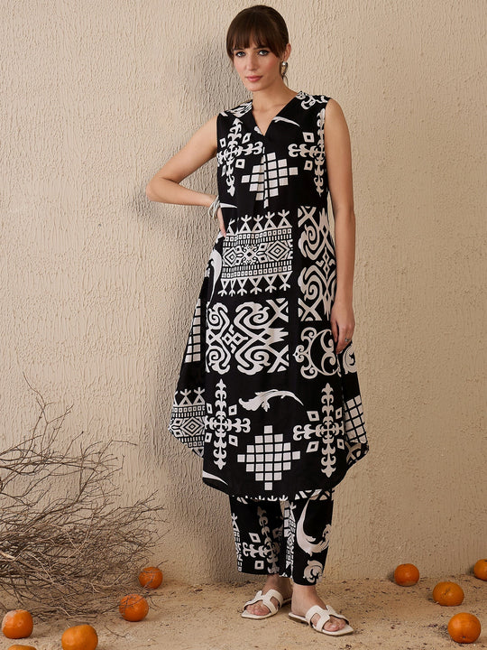 Indo Era Black Printed A-Line Kurta Trousers  Set