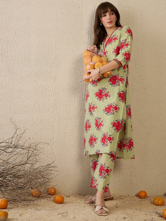 Indo Era Green Printed Straight Kurta Trousers Set